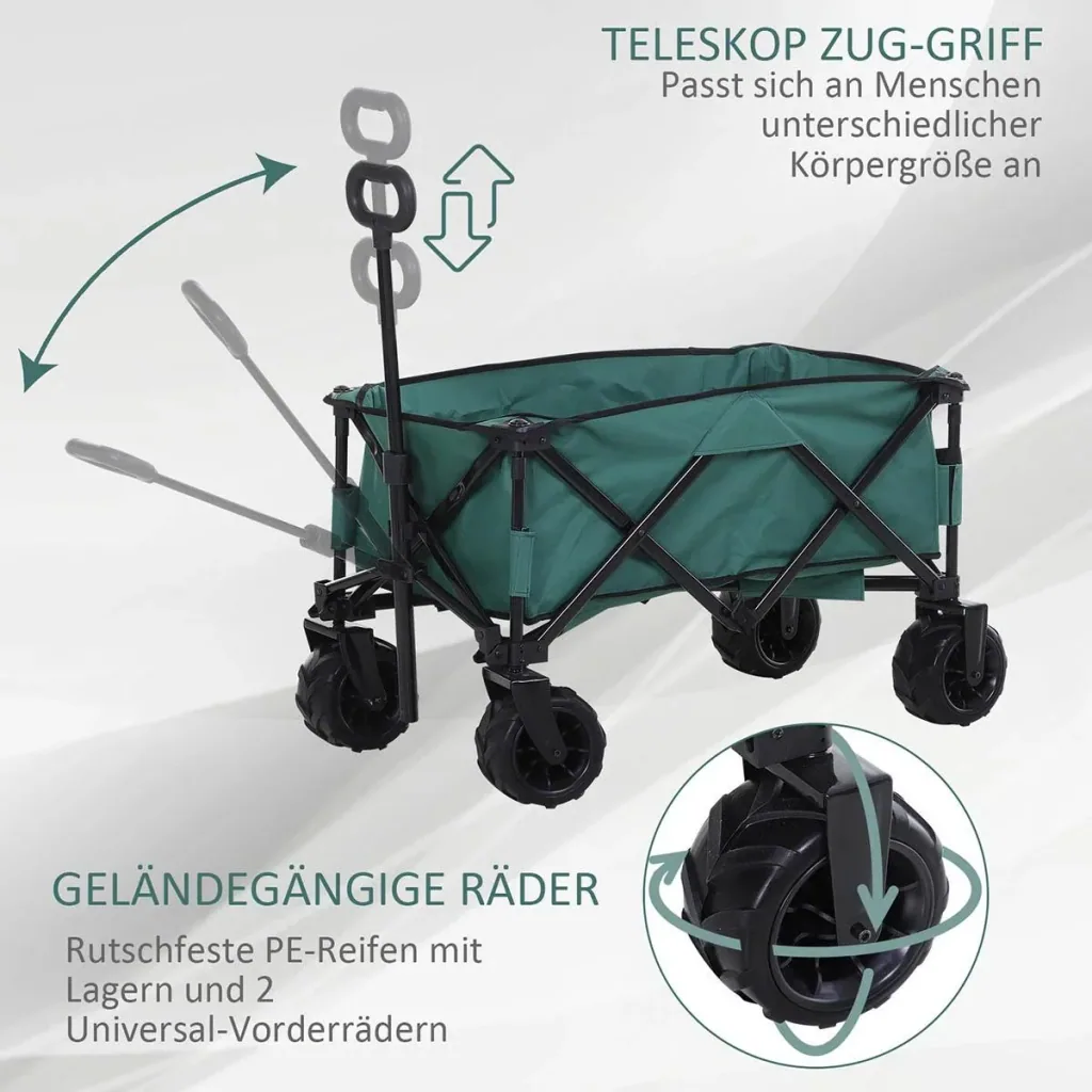 Bollerwagen Faltbarer Handwagen 360° Gartenwagen Transportwagen mit Teleskop Griff Verstellbarer Griffhöhe Strandwagen
