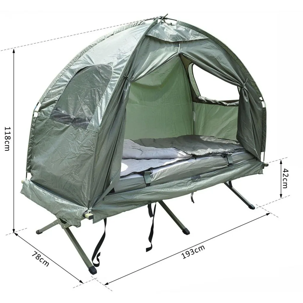 Campingbett Set mit ZeLT SChlafsack Matratze 4 in 1 faltbar Dunkelgrün