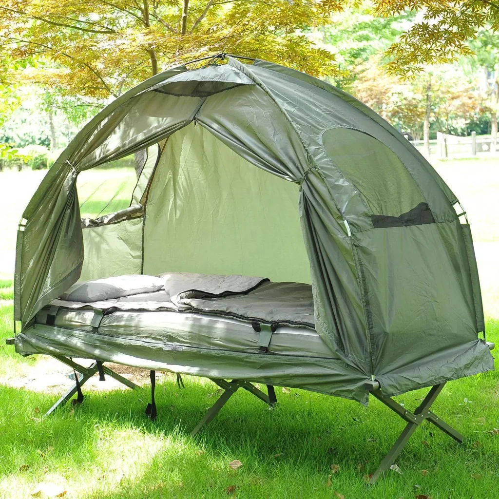Campingbett Set mit ZeLT SChlafsack Matratze 4 in 1 faltbar Dunkelgrün