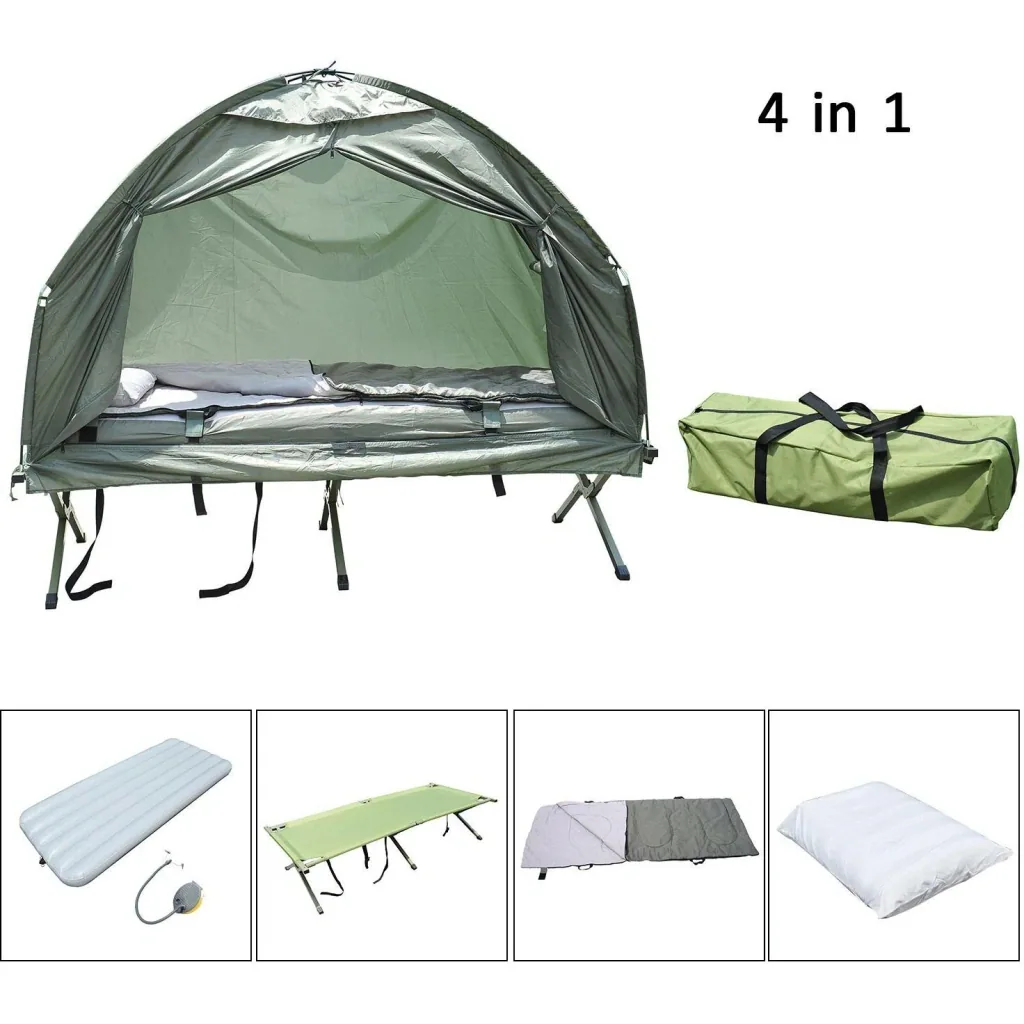 Campingbett Set mit ZeLT SChlafsack Matratze 4 in 1 faltbar Dunkelgrün