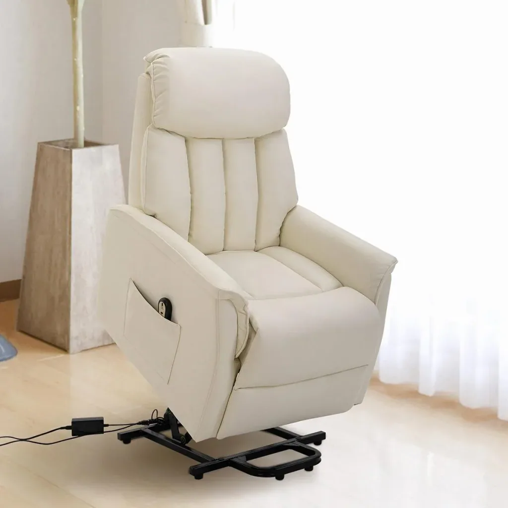 Aufstehsessel Fernsehsessel mit Aufstehhilfe elektrisch Liegefunktion Kunstleder Beige, 80 x 94 x 104 cm