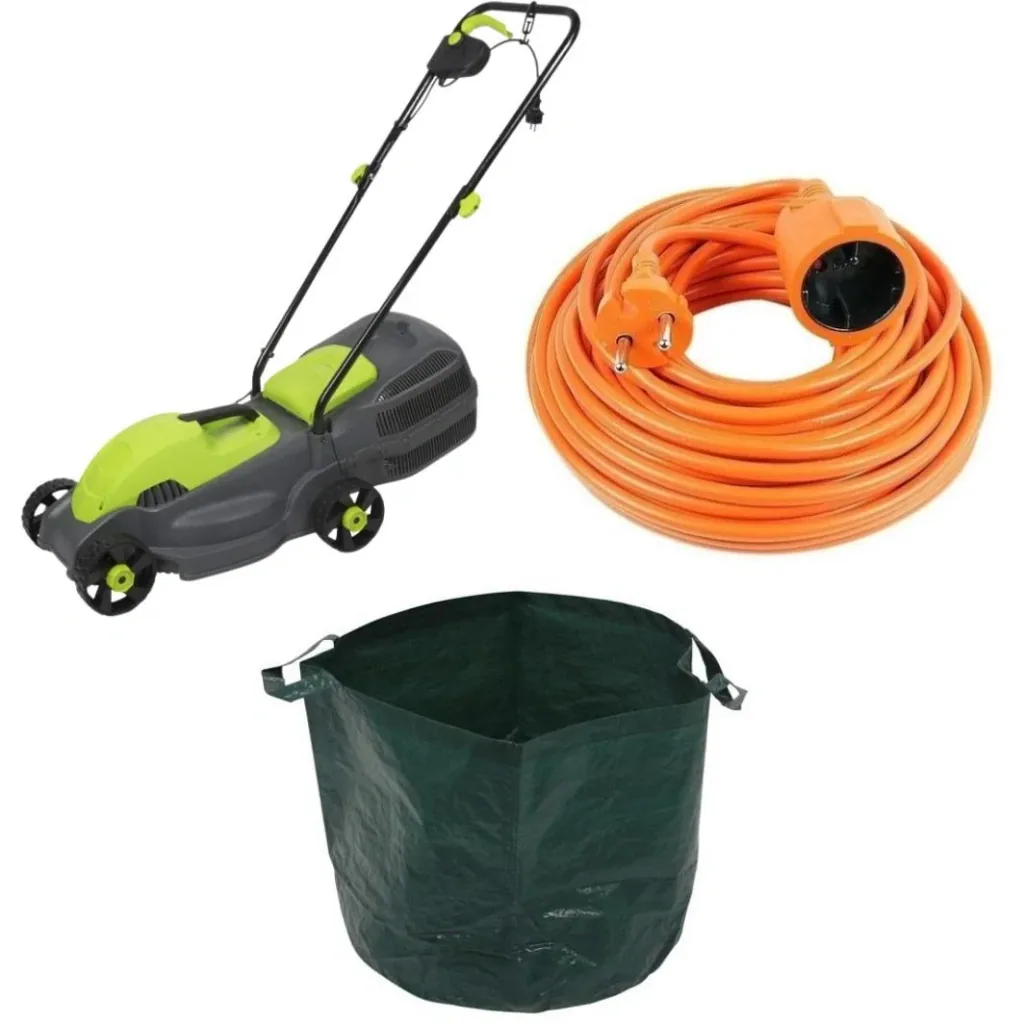 Garten-Elektrorasenmäher - 1100 Watt - Schnittbreite 320mm + inklusive Gartenabfallsack - 65 L und Verlängerungskabel