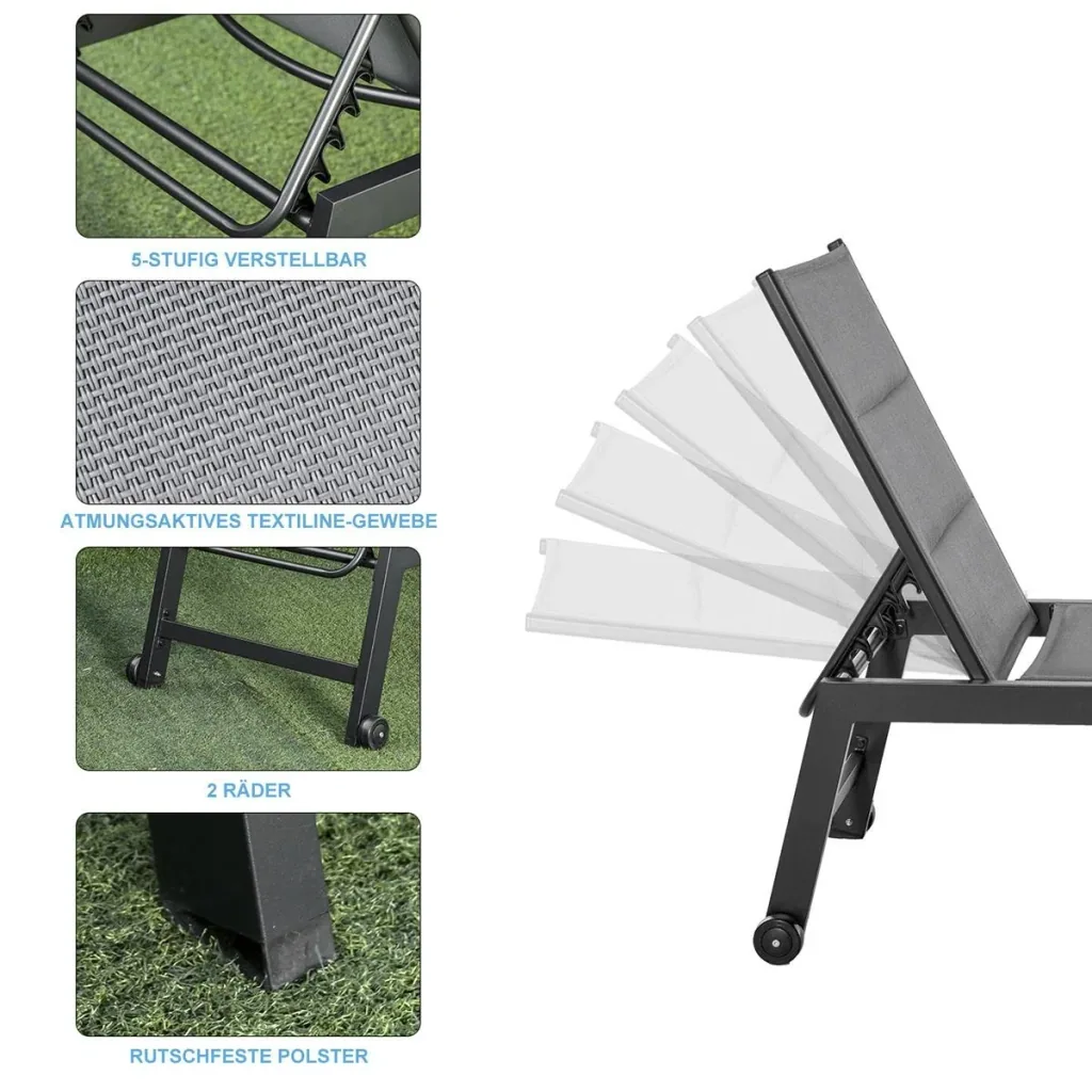 Sonnenliege Alu Gartenliege Relaxliege Garten 5-stufige Rückenlehne verstellbar Stahl Texteline Schaumstoff Grau 168 x 7