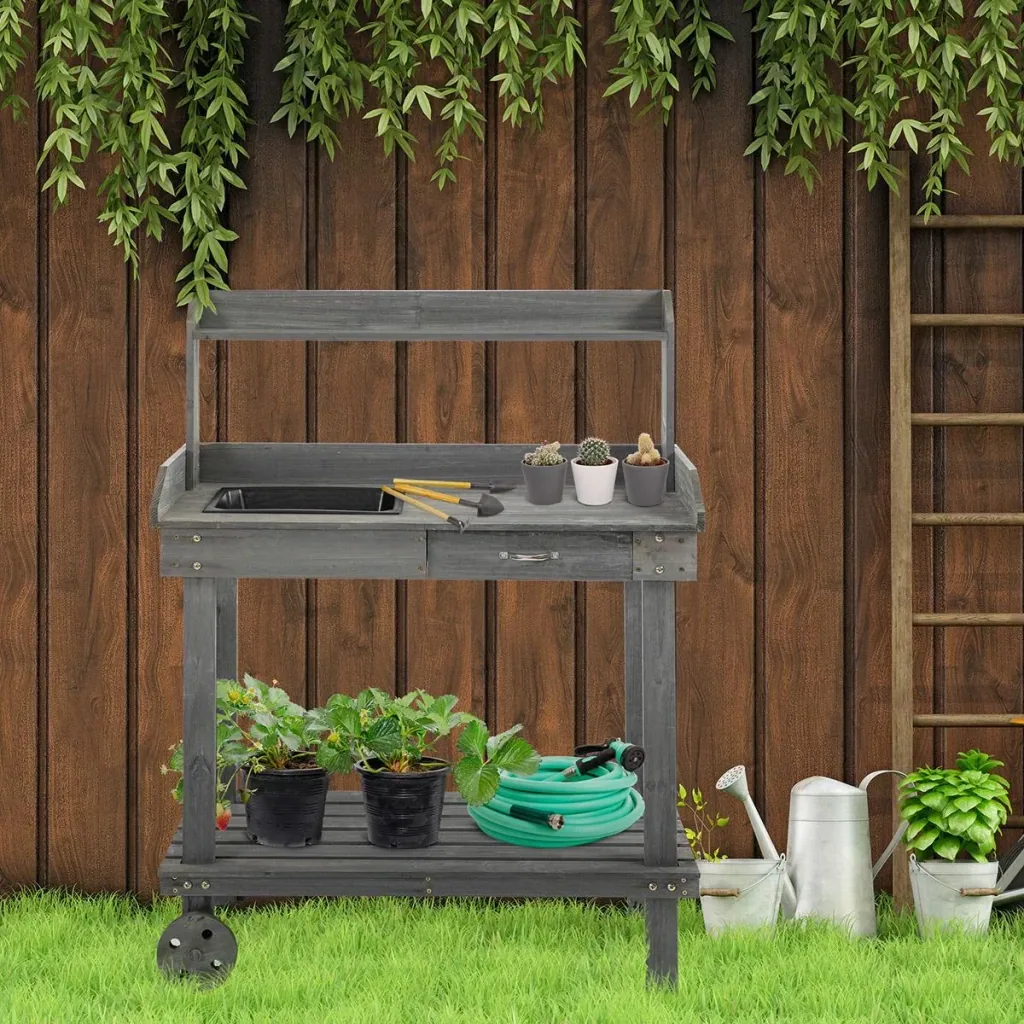 Pflanztisch mit Schublade 2 Stufen Gärtnertisch mit waschbecken und Rollen Garten Tannenholz Grau 92 x 45 x 119 cm
