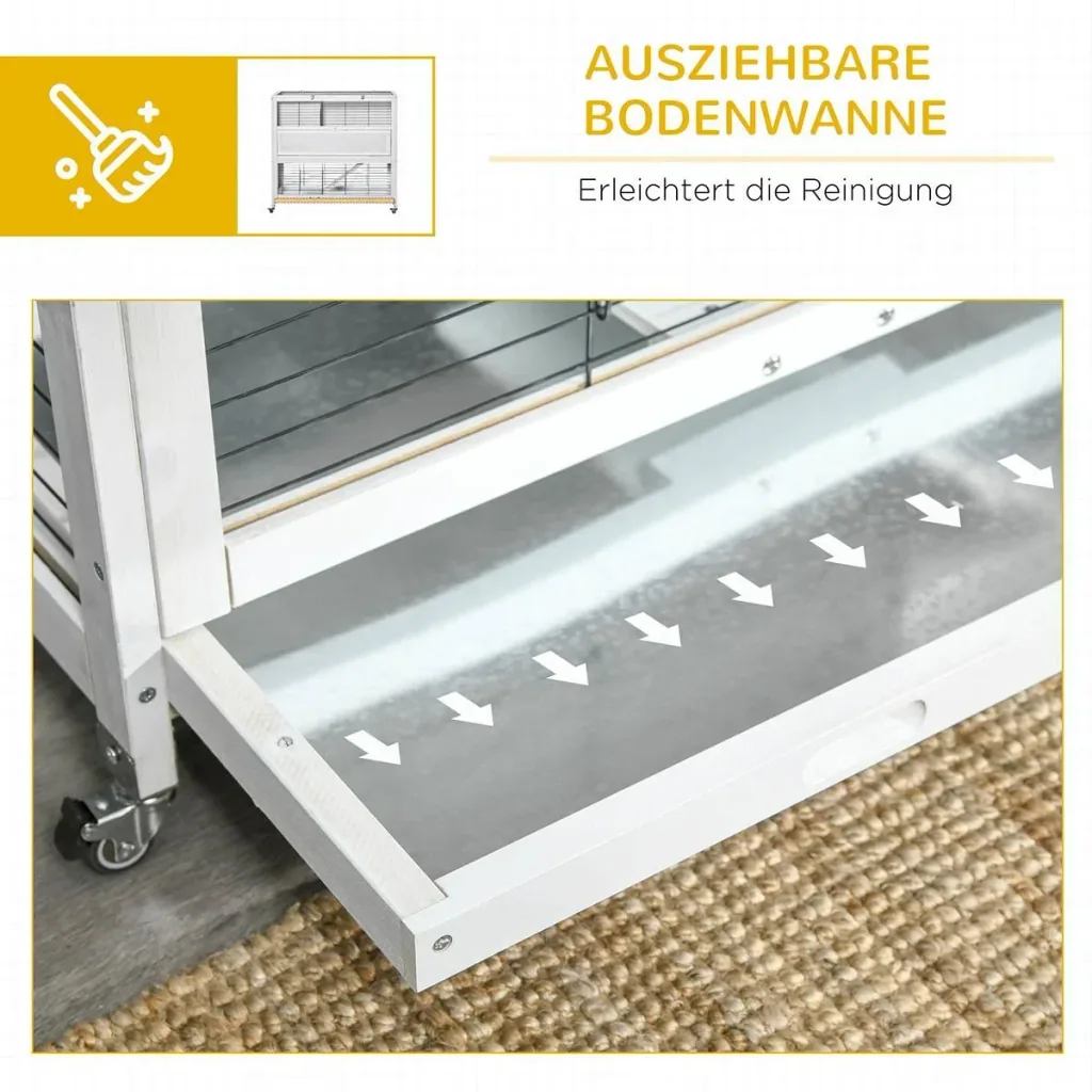 Kaninchenstall mit Rollen Kaninchenhaus mit Freilauf Rampe Nagetierkäfig Kleintierstall doppelstöckig für 1-2 Kaninchen