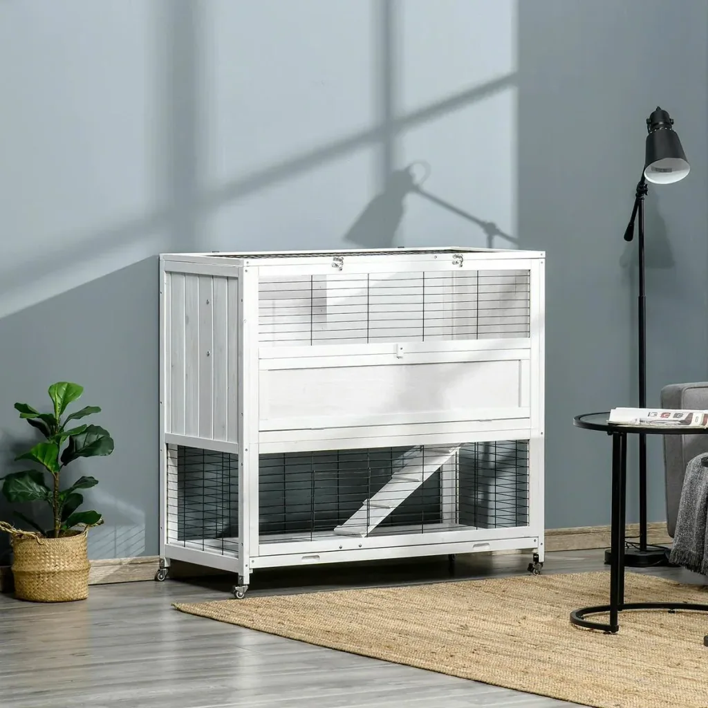 Kaninchenstall mit Rollen Kaninchenhaus mit Freilauf Rampe Nagetierkäfig Kleintierstall doppelstöckig für 1-2 Kaninchen