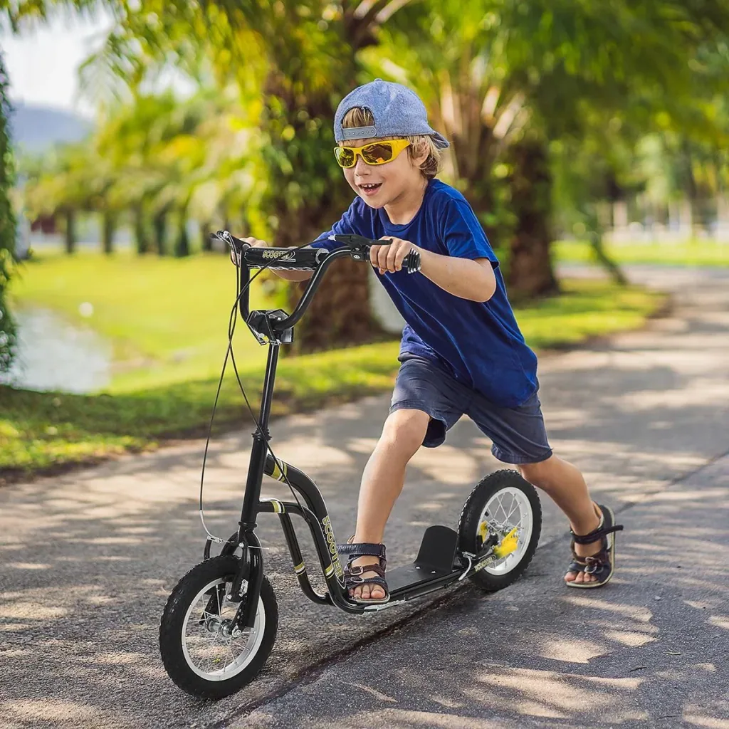 Kinderroller Scooter Tretroller Cityroller Kinder Roller Kickboard mit Luftreifen 12 Zoll Schwarz 120 x 58 x 85-95 cm