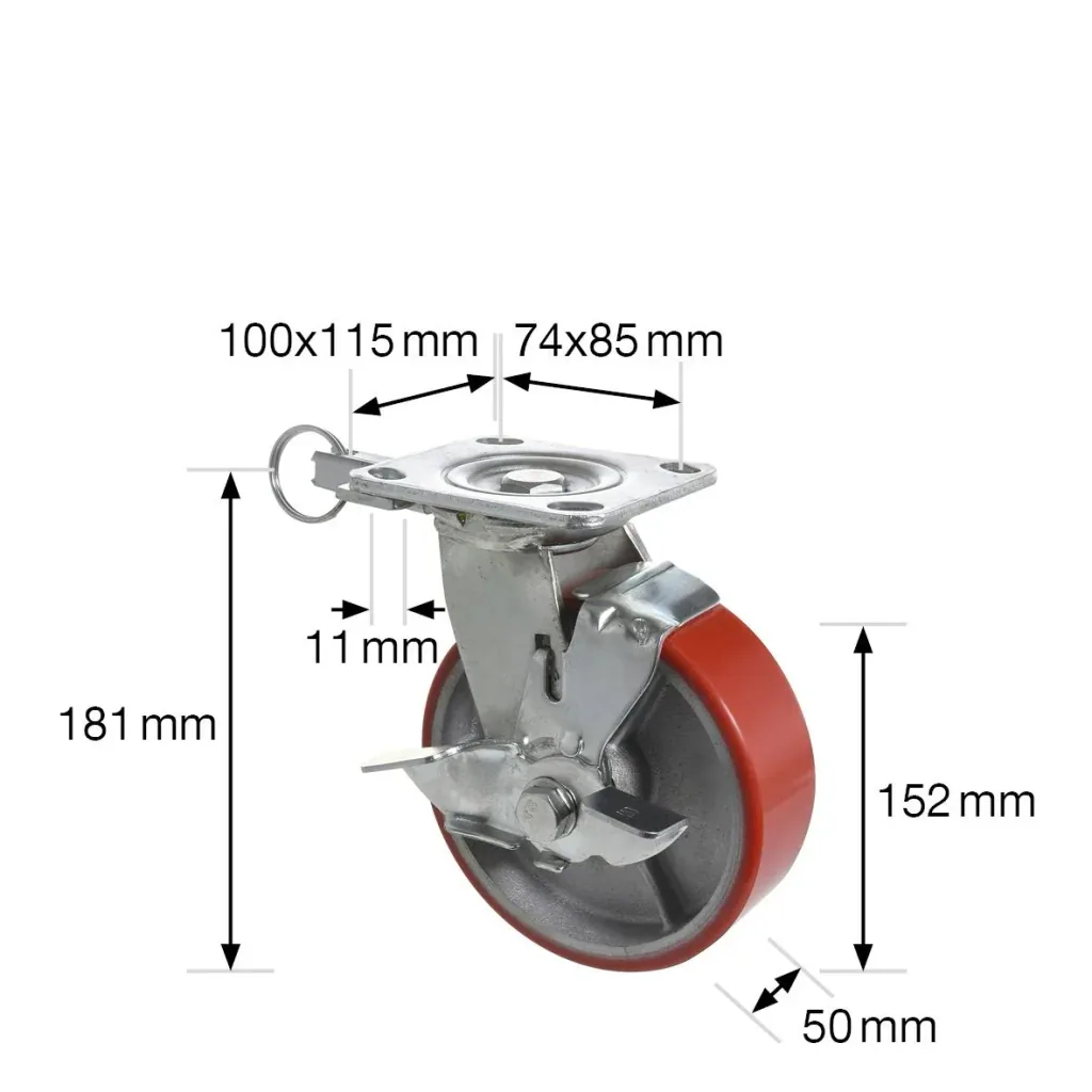 Schwerlast Bock- & Lenkrolle DIRECTION LOCK 3in1 - Ø 152 mm, Gusseisen, soft, 2 Einspritzdüsen, Bremse, Tragkraft 400 kg
