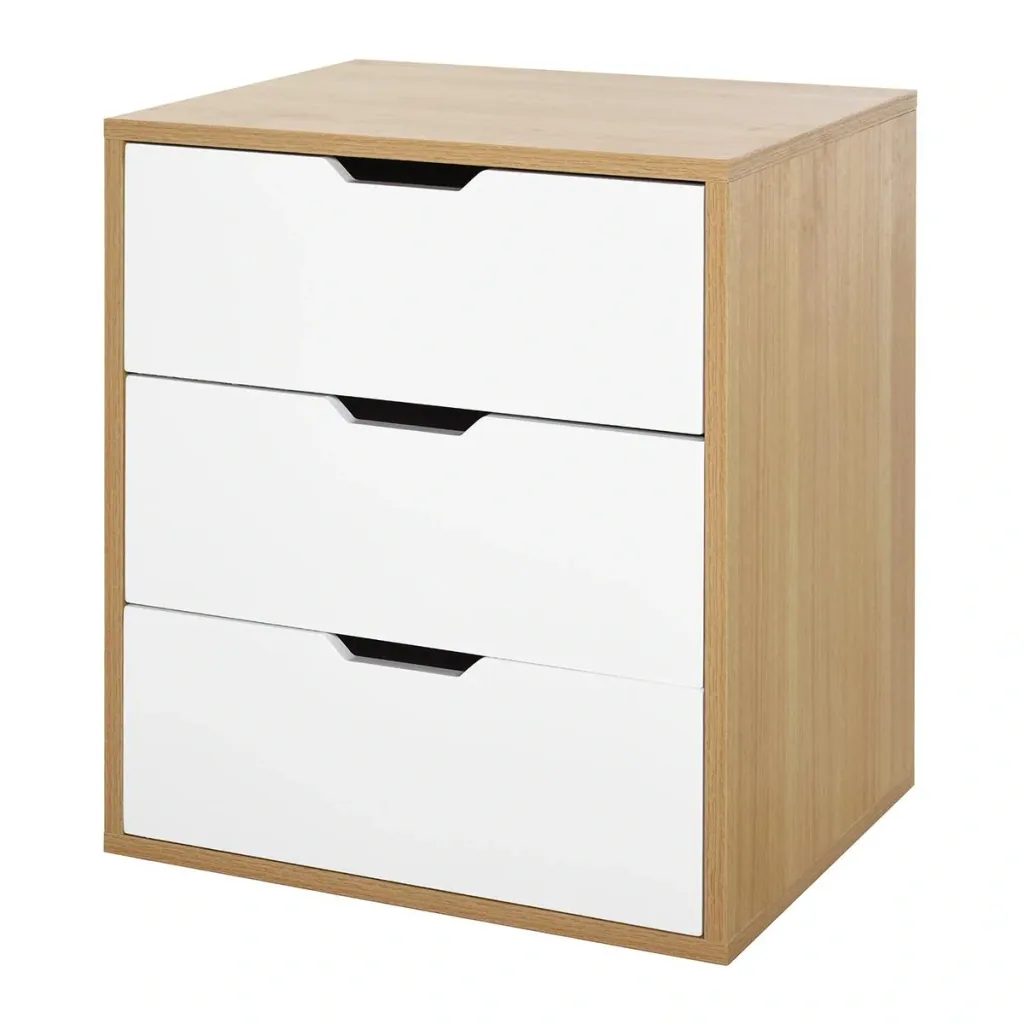 Bürocontainer mit 3 Schubladen, Aktenschrank, Büroschrank, Aufbewahrung von Akten, E1 Spanplatte, Weiß+Natur, 55 x 45 x