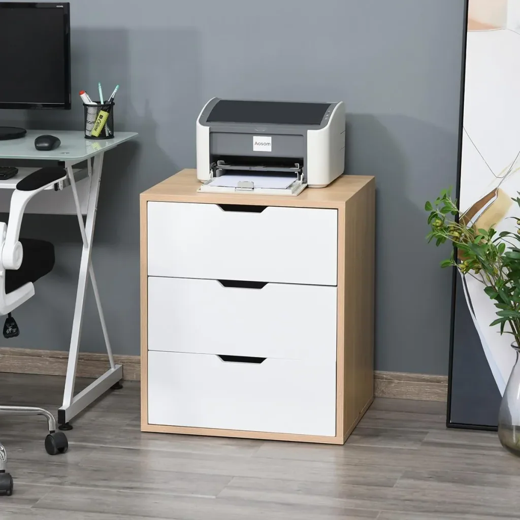 Bürocontainer mit 3 Schubladen, Aktenschrank, Büroschrank, Aufbewahrung von Akten, E1 Spanplatte, Weiß+Natur, 55 x 45 x