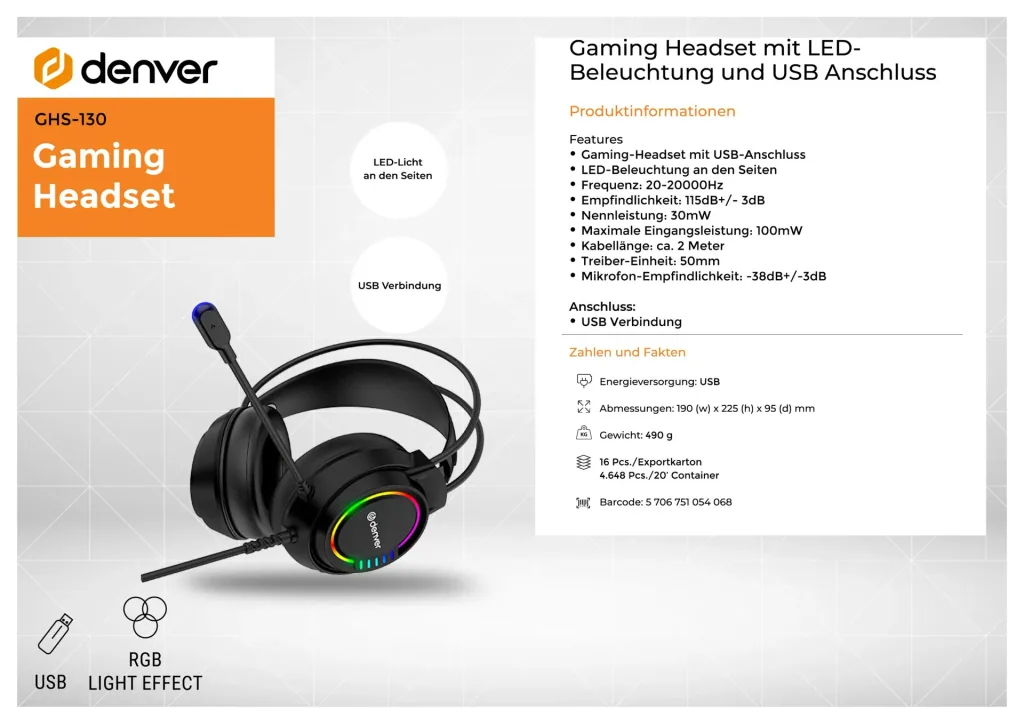 Gaming Headset, Überkopf-Kopfhörer, mit USB-Anschluss und LED-Licht