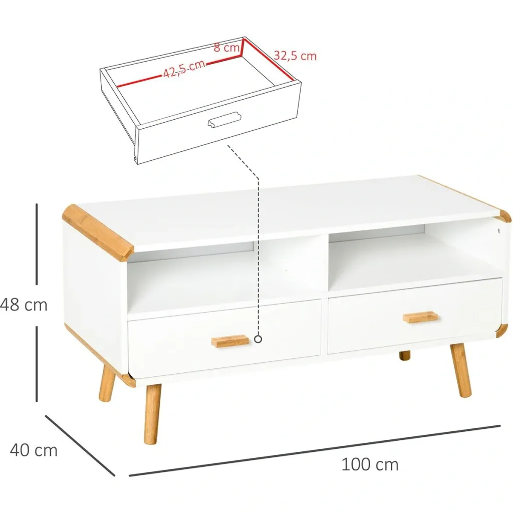 TV Schrank mit 2 Schubladen und offenen Regalfächern Weiß