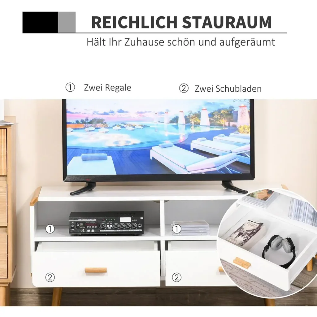 TV Schrank mit 2 Schubladen und offenen Regalfächern Weiß