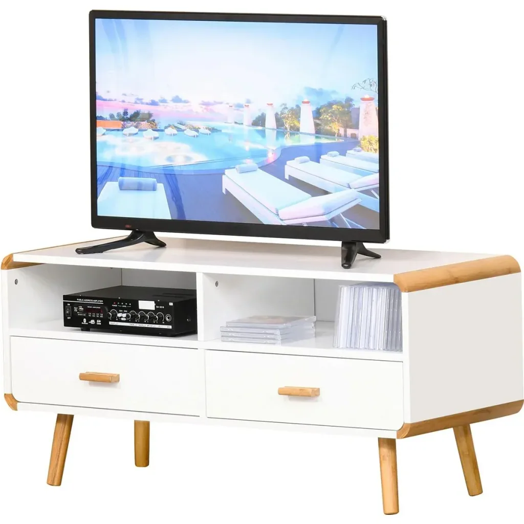 TV Schrank mit 2 Schubladen und offenen Regalfächern Weiß
