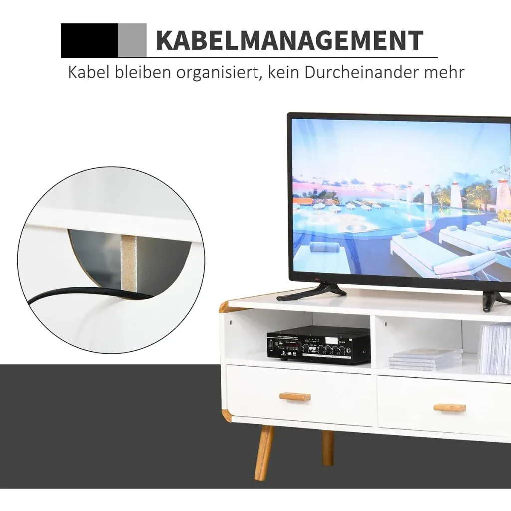 TV Schrank mit 2 Schubladen und offenen Regalfächern Weiß