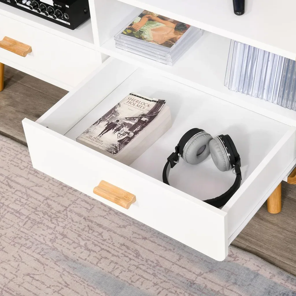 TV Schrank mit 2 Schubladen und offenen Regalfächern Weiß