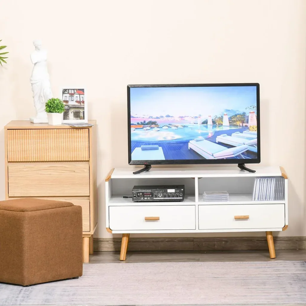 TV Schrank mit 2 Schubladen und offenen Regalfächern Weiß