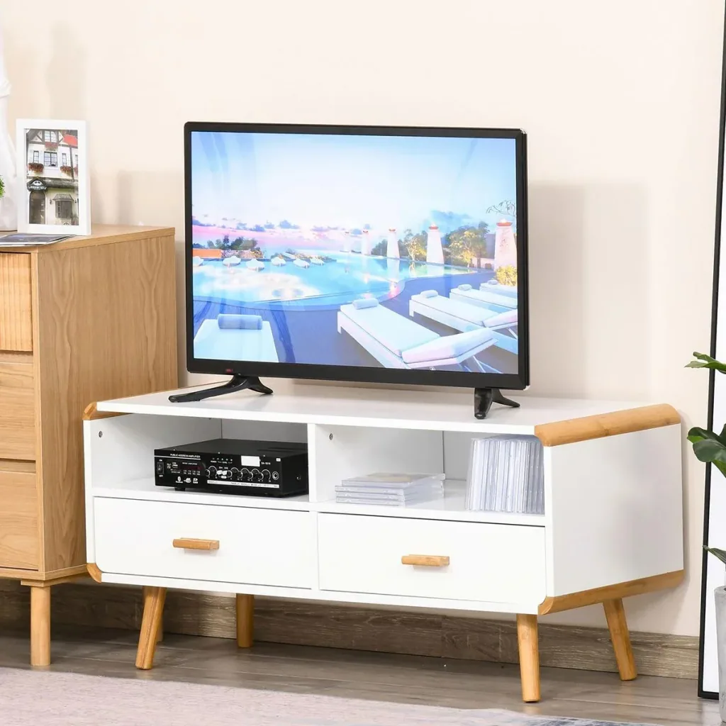 TV Schrank mit 2 Schubladen und offenen Regalfächern Weiß
