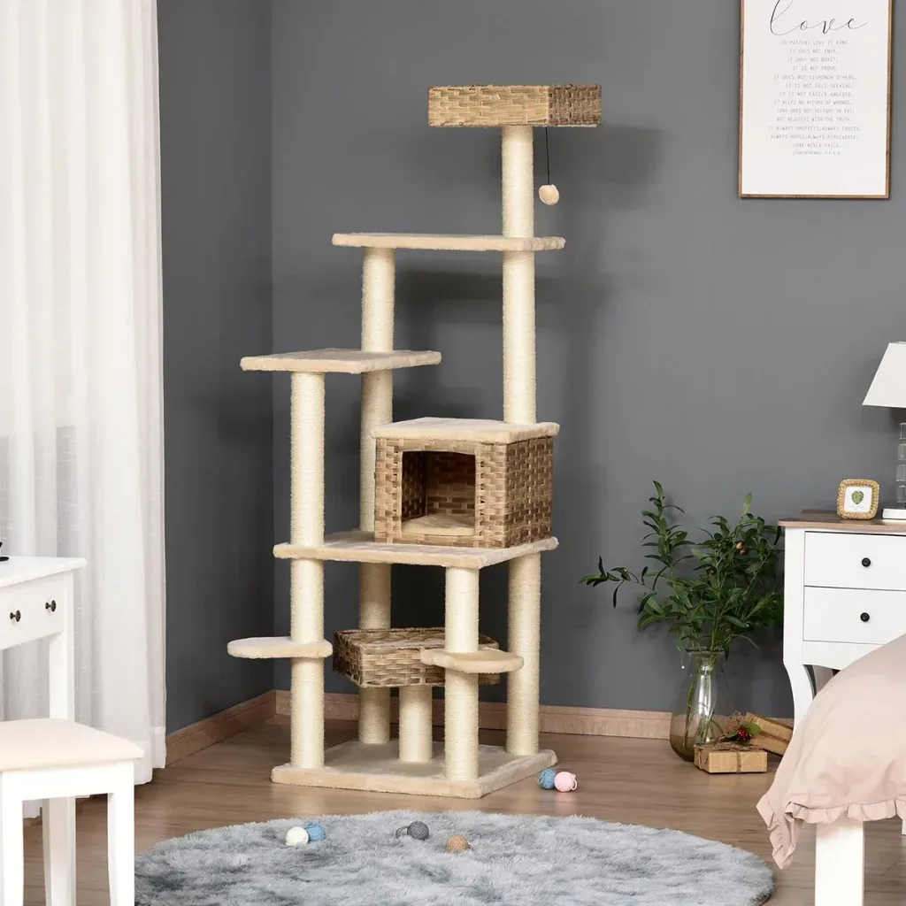 Rattan Kratzbaum mit Katzenhöhle Hängematte Mehrstufiger Katzenbaum Kletterbaum für Katzen E1 MDF Sisal Beige+Braun 55
