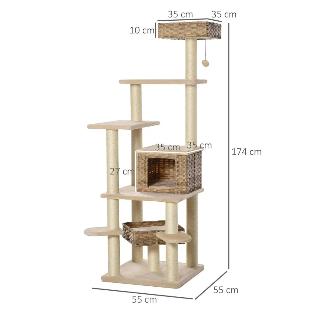 Rattan Kratzbaum mit Katzenhöhle Hängematte Mehrstufiger Katzenbaum Kletterbaum für Katzen E1 MDF Sisal Beige+Braun 55