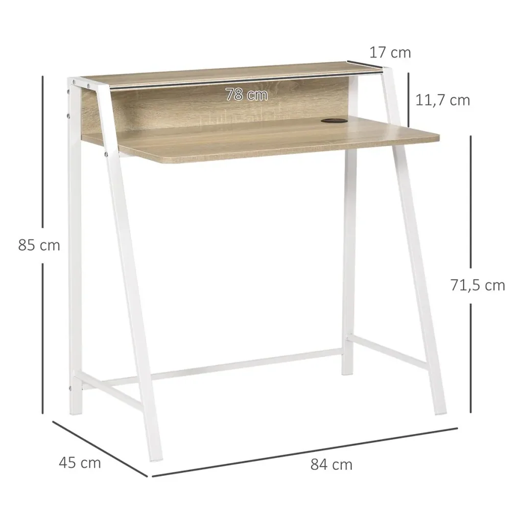 Schreibtisch Computertisch Bürotisch Arbeitstisch mit Ablagefach Kabeldurchlass Metall Weiß+Eiche 84 x 45 x 85 cm