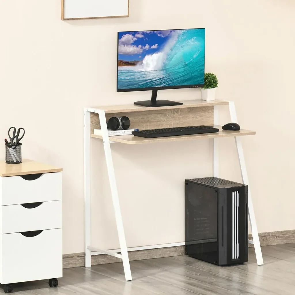 Schreibtisch Computertisch Bürotisch Arbeitstisch mit Ablagefach Kabeldurchlass Metall Weiß+Eiche 84 x 45 x 85 cm