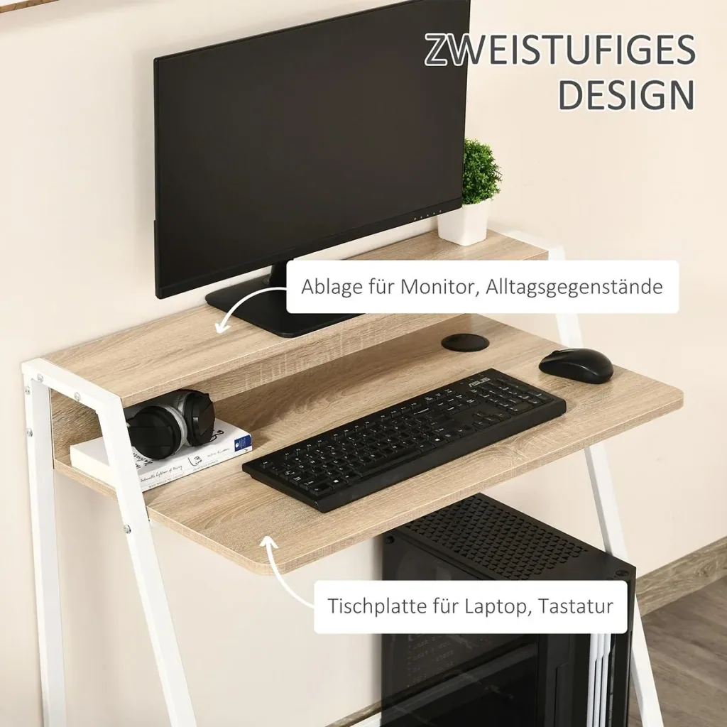 Schreibtisch Computertisch Bürotisch Arbeitstisch mit Ablagefach Kabeldurchlass Metall Weiß+Eiche 84 x 45 x 85 cm
