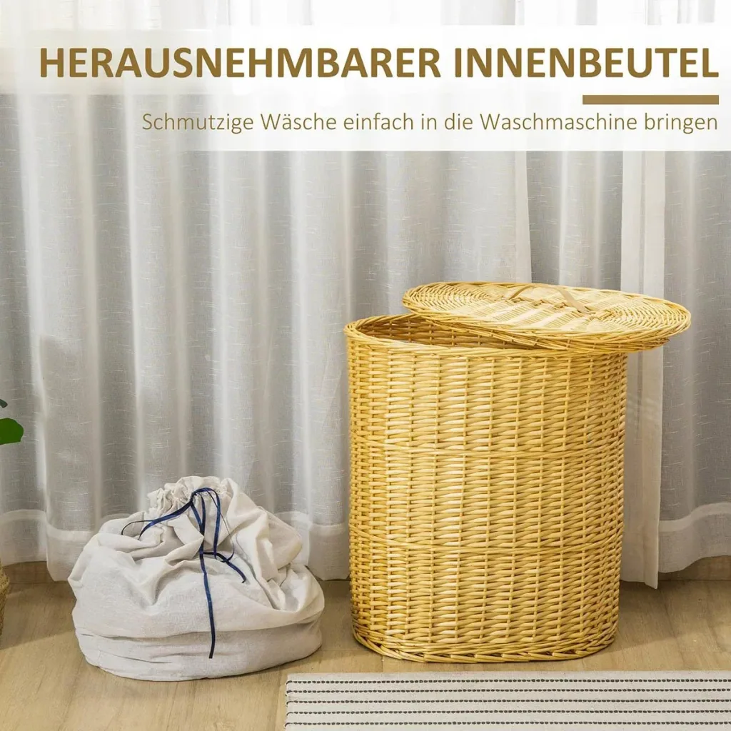 Wäschekorb aus Weide Weidenrute Wäschebox Wäschesammler geflochten mit Deckel Natur 100L 51 x 38 x 57 cm