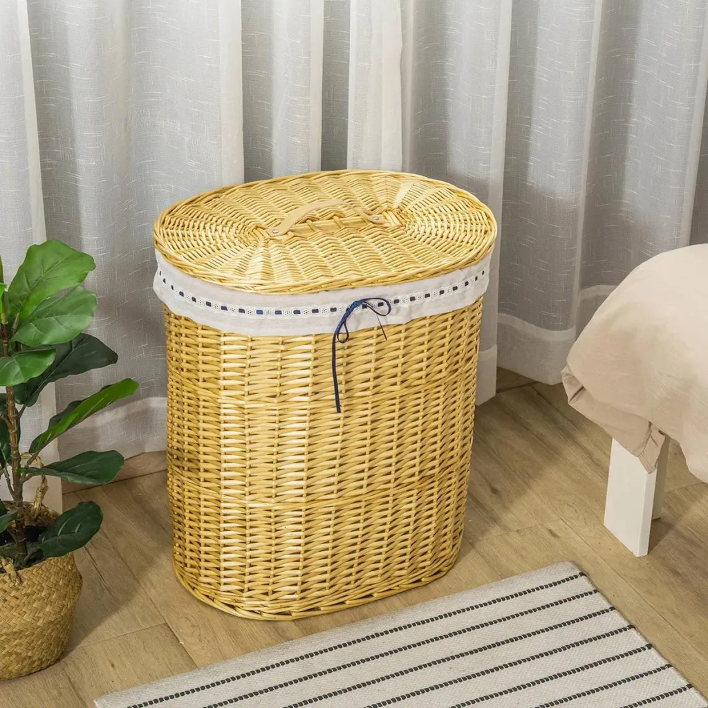 Wäschekorb aus Weide Weidenrute Wäschebox Wäschesammler geflochten mit Deckel Natur 100L 51 x 38 x 57 cm