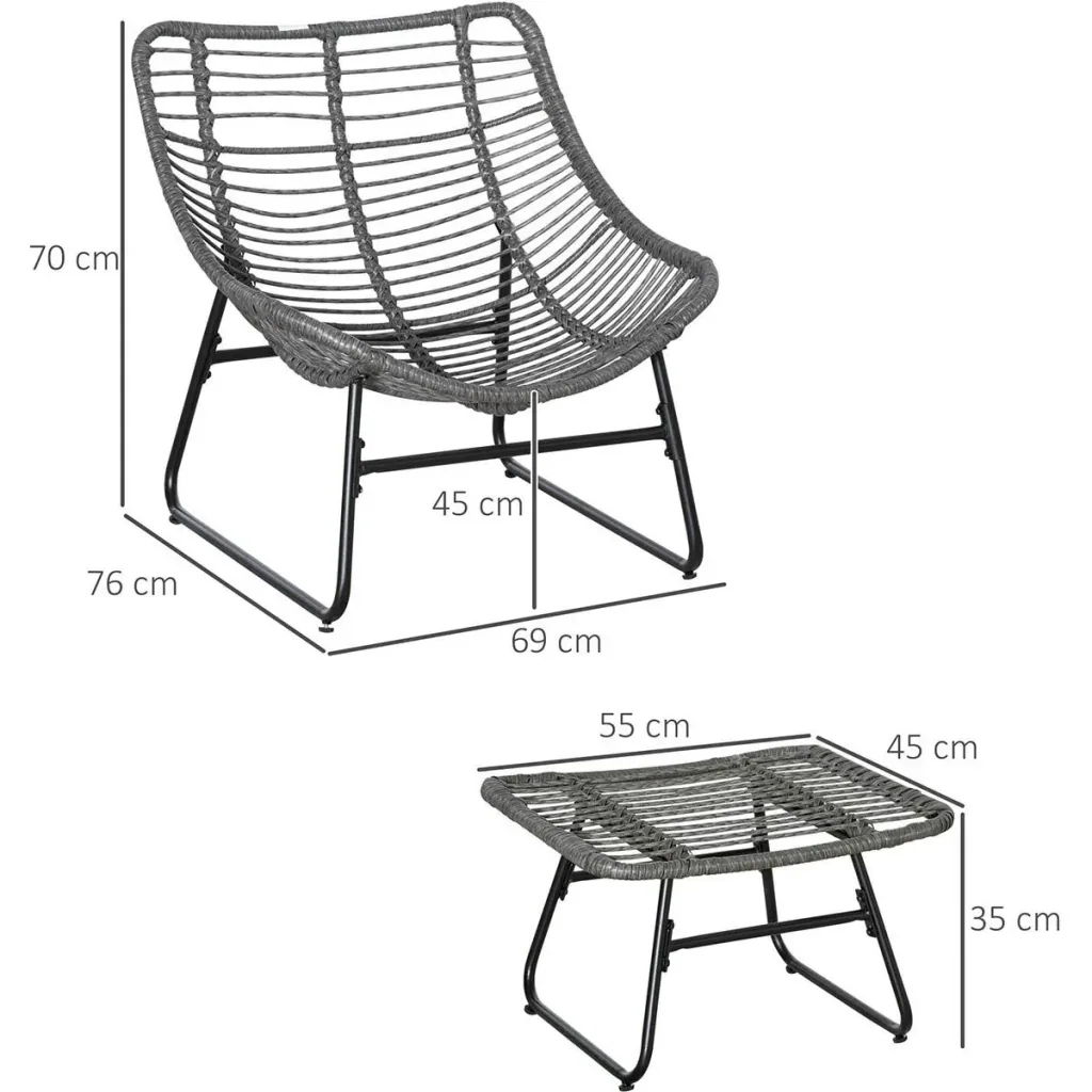 Rattan Relax Stuhl mit Hocker und Kissen Stahl Polyester Grau 69 x 76 x 70 cm