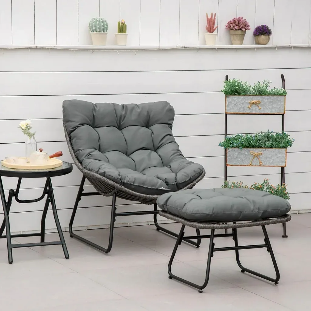Rattan Relax Stuhl mit Hocker und Kissen Stahl Polyester Grau 69 x 76 x 70 cm