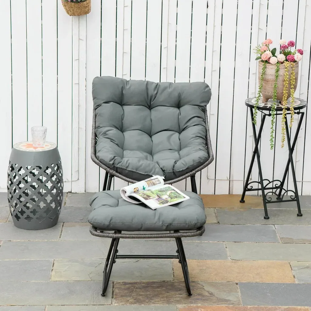 Rattan Relax Stuhl mit Hocker und Kissen Stahl Polyester Grau 69 x 76 x 70 cm