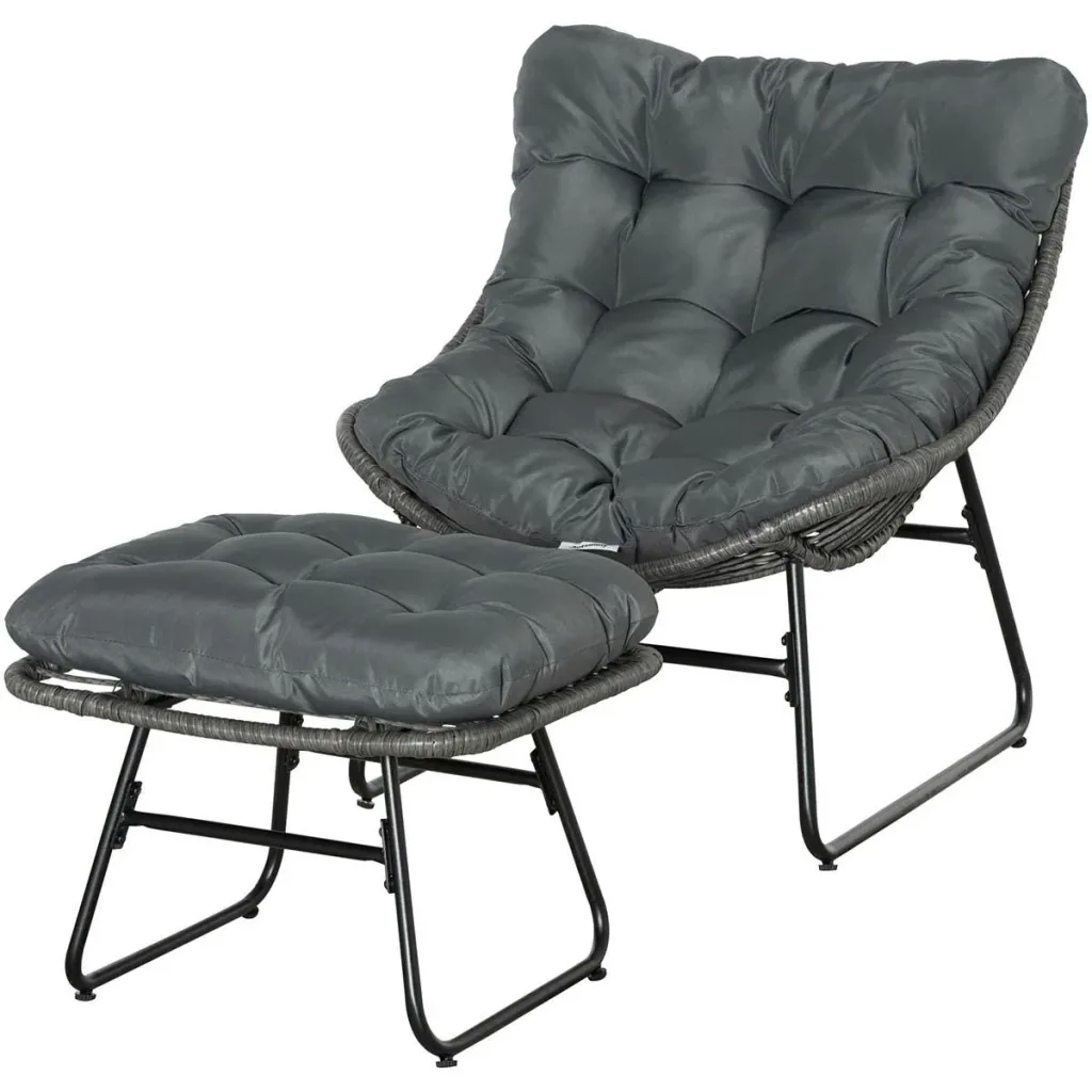 Rattan Relax Stuhl mit Hocker und Kissen Stahl Polyester Grau 69 x 76 x 70 cm