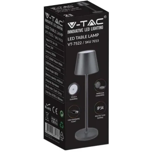 VT-7522 Tischleuchte - 3000K - Dimmbar über Touch - Wiederaufladbar - Schwarz- IP54
