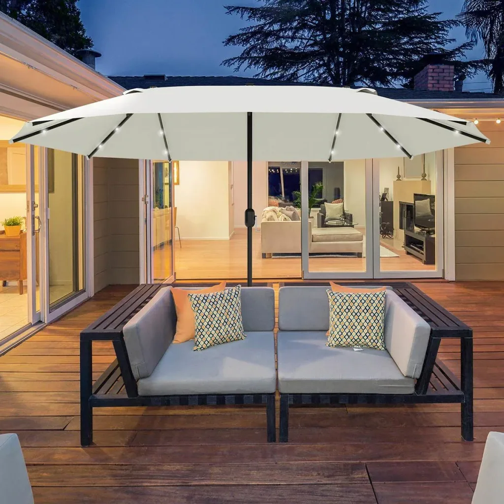 Sonnenschirm mit LED Doppelsonnenschirm 440 x 260 cm Gartenschirm Marktschirm groß Terrassenschirm mit Handkurbel Oval M