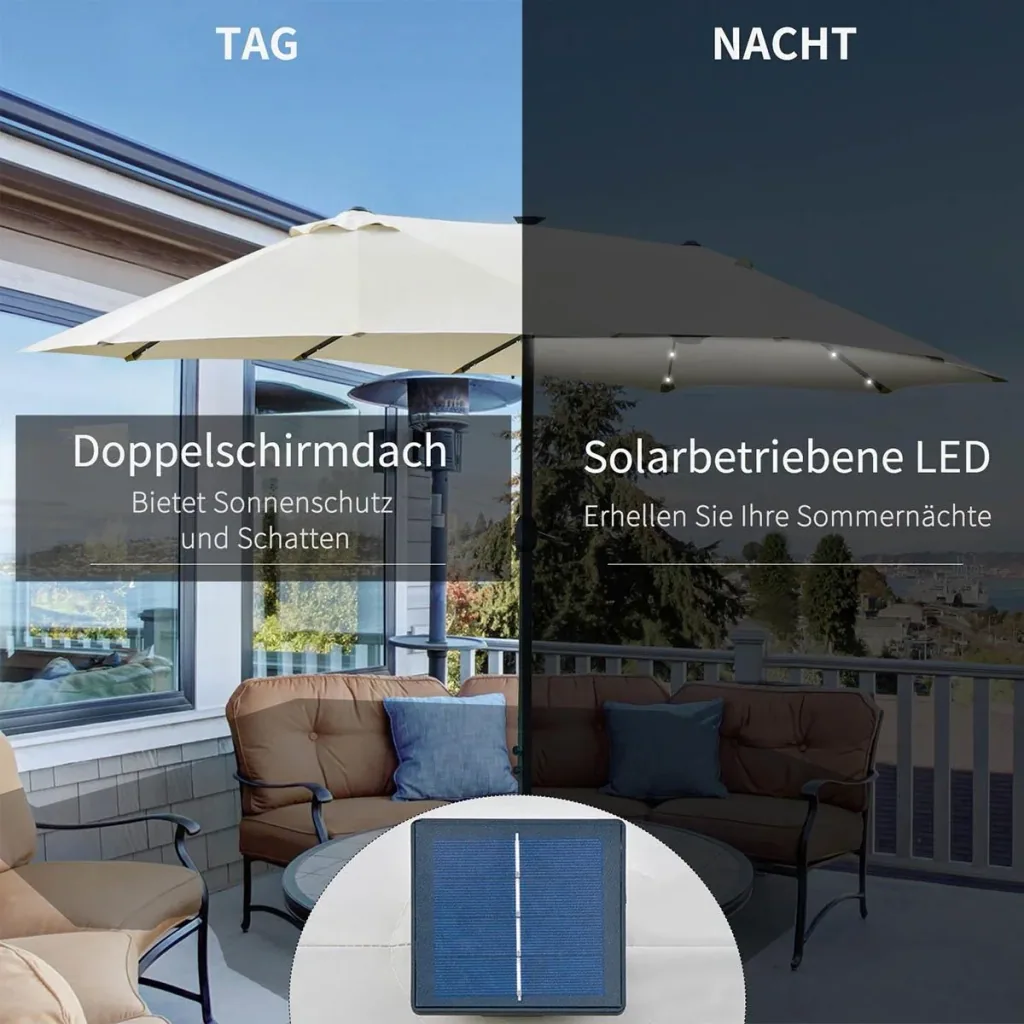 Sonnenschirm mit LED Doppelsonnenschirm 440 x 260 cm Gartenschirm Marktschirm groß Terrassenschirm mit Handkurbel Oval M