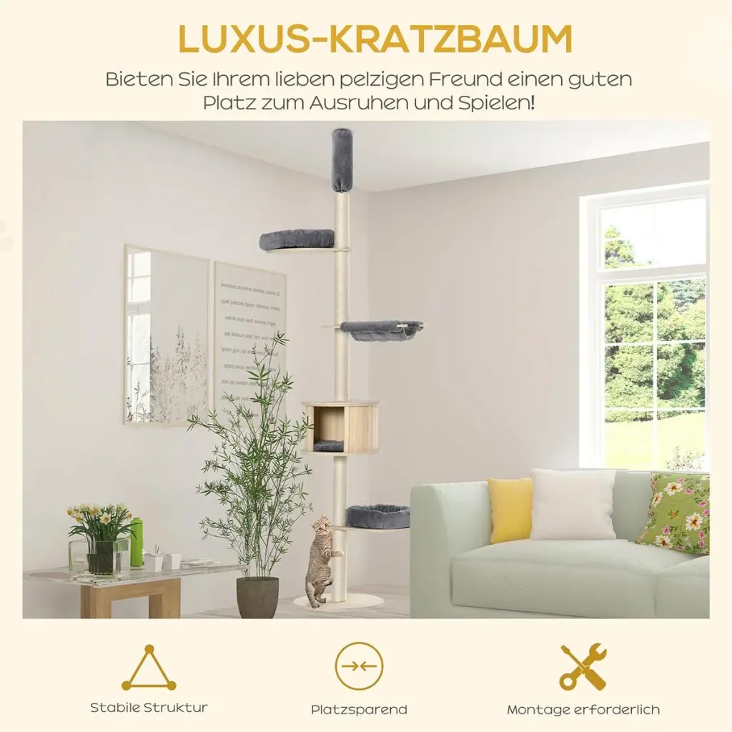 Kratzbaum Katzenbaum Deckenhoch Kletterbaum mit holz Katzenhöhle Sisal Plüsch höhenverstellbar Grau 50 x 50 x 232-252 cm