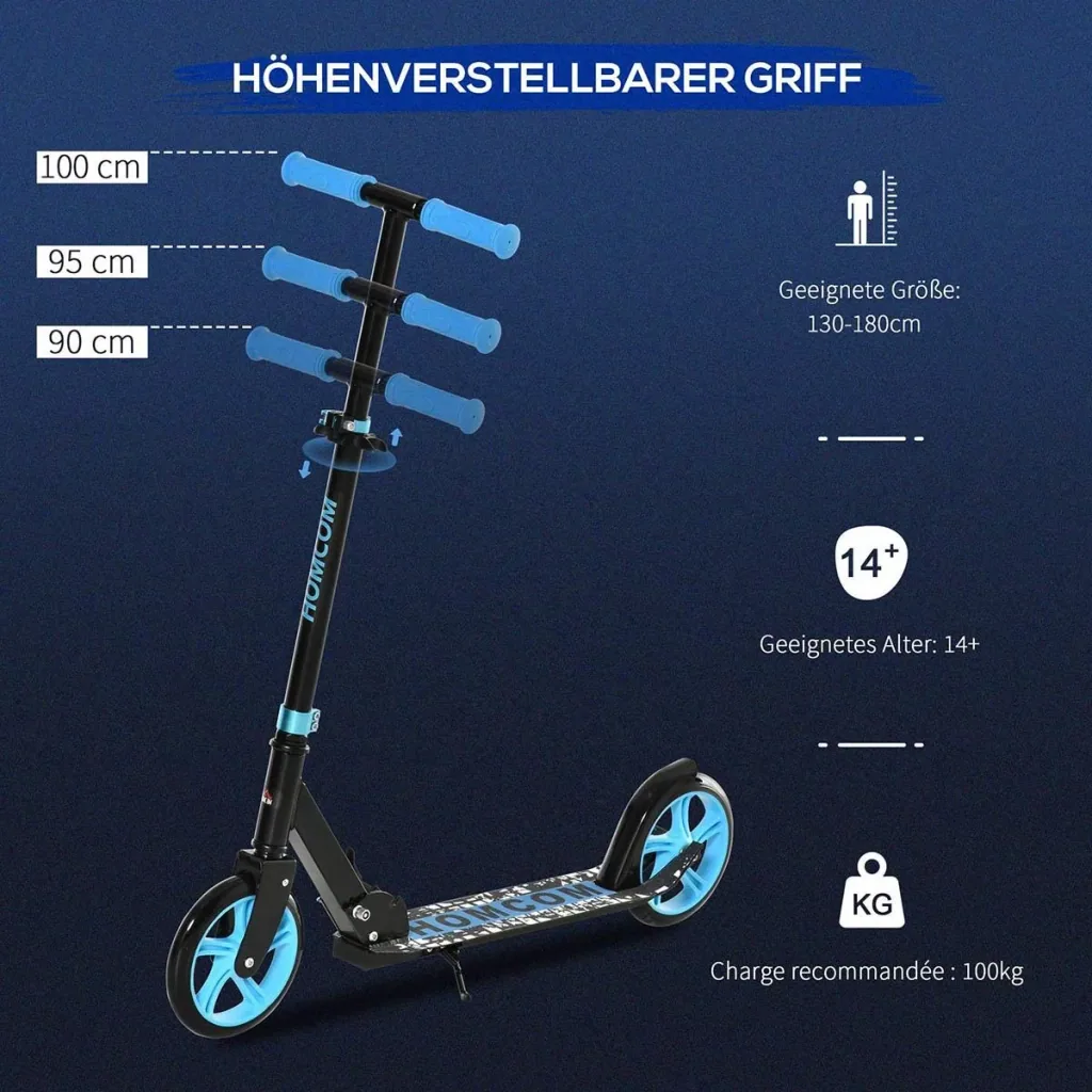 Kinderscooter klappbar Kickscooter mit Hinterbremsen für 14+ Jugend Tretroller höheverstellbar Räder 200 mm bis 100 kg b