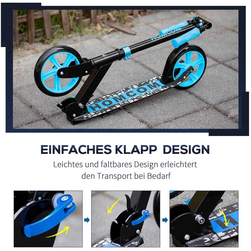 Kinderscooter klappbar Kickscooter mit Hinterbremsen für 14+ Jugend Tretroller höheverstellbar Räder 200 mm bis 100 kg b