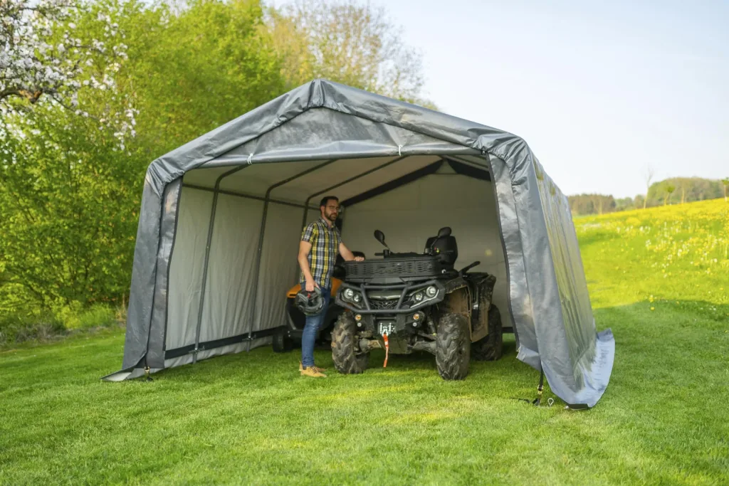 ShelterLogic Foliengarage 18 m², grau, 370×490 cm – Garage-in-a-Box, DuPont-Stahlrahmen, wetterfest