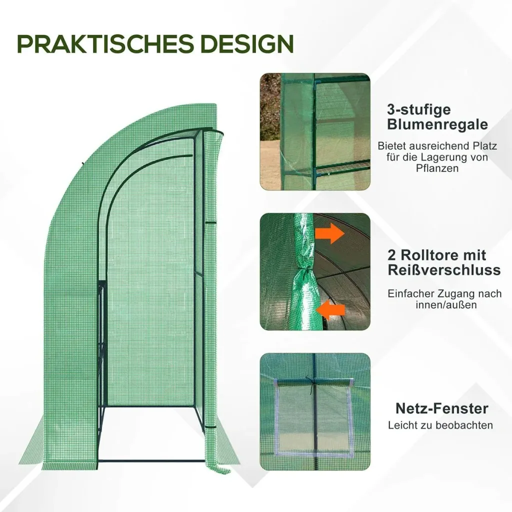 Foliengewächshaus Gewächshaus Treibhaus mit 2 Türen Pflanzenaufzucht UV-Schutz Stahl PE Grün 200 x 100 x 213 cm