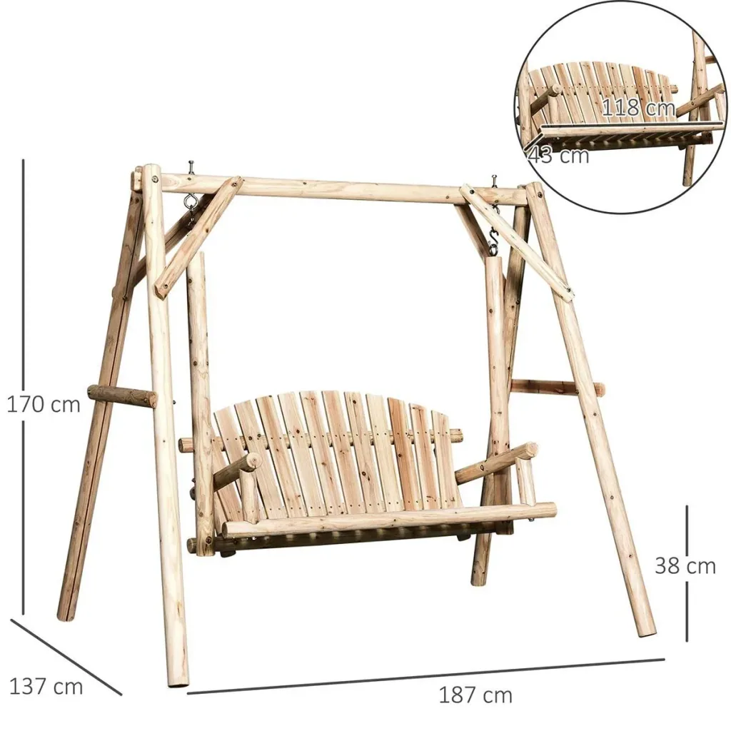 Hollywoodschaukel 2-Sitzer Gartenschaukel Schaukelbank Hängebank Massivholz Natur187 x 137 x 170 cm