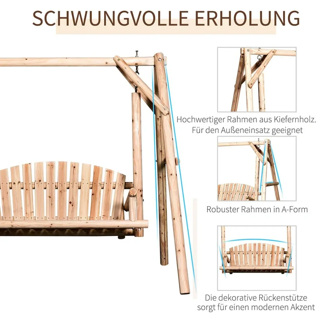 Hollywoodschaukel 2-Sitzer Gartenschaukel Schaukelbank Hängebank Massivholz Natur187 x 137 x 170 cm