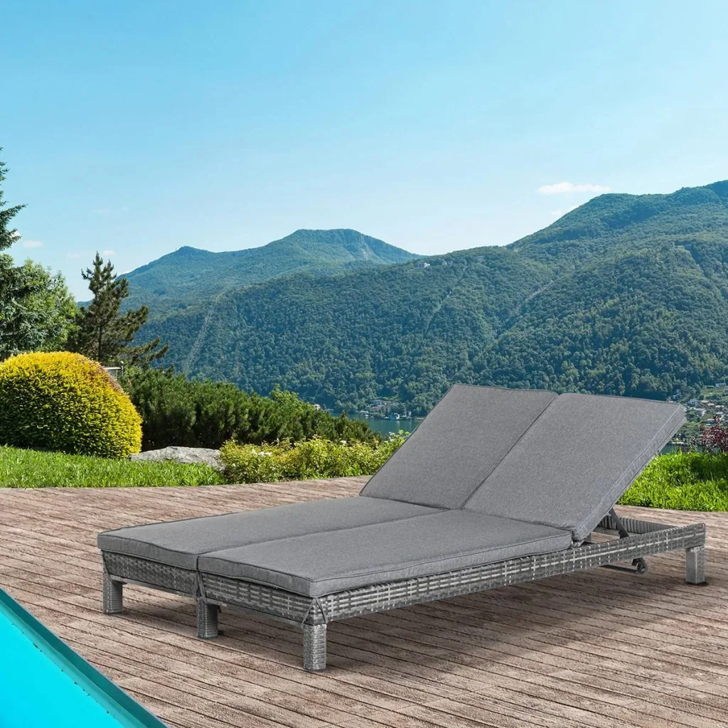 Gartenliege, Doppelliege, Relaxliege für 2 Personen, Luxus Lounge, 5-stufige Rückenlehne, Metall, PE Rattan, Grau, 195 x