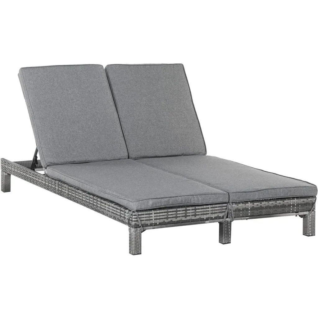 Gartenliege, Doppelliege, Relaxliege für 2 Personen, Luxus Lounge, 5-stufige Rückenlehne, Metall, PE Rattan, Grau, 195 x