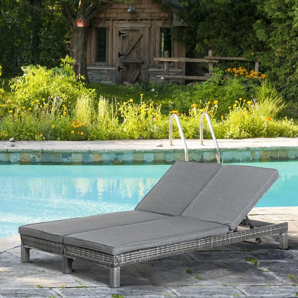 Gartenliege, Doppelliege, Relaxliege für 2 Personen, Luxus Lounge, 5-stufige Rückenlehne, Metall, PE Rattan, Grau, 195 x