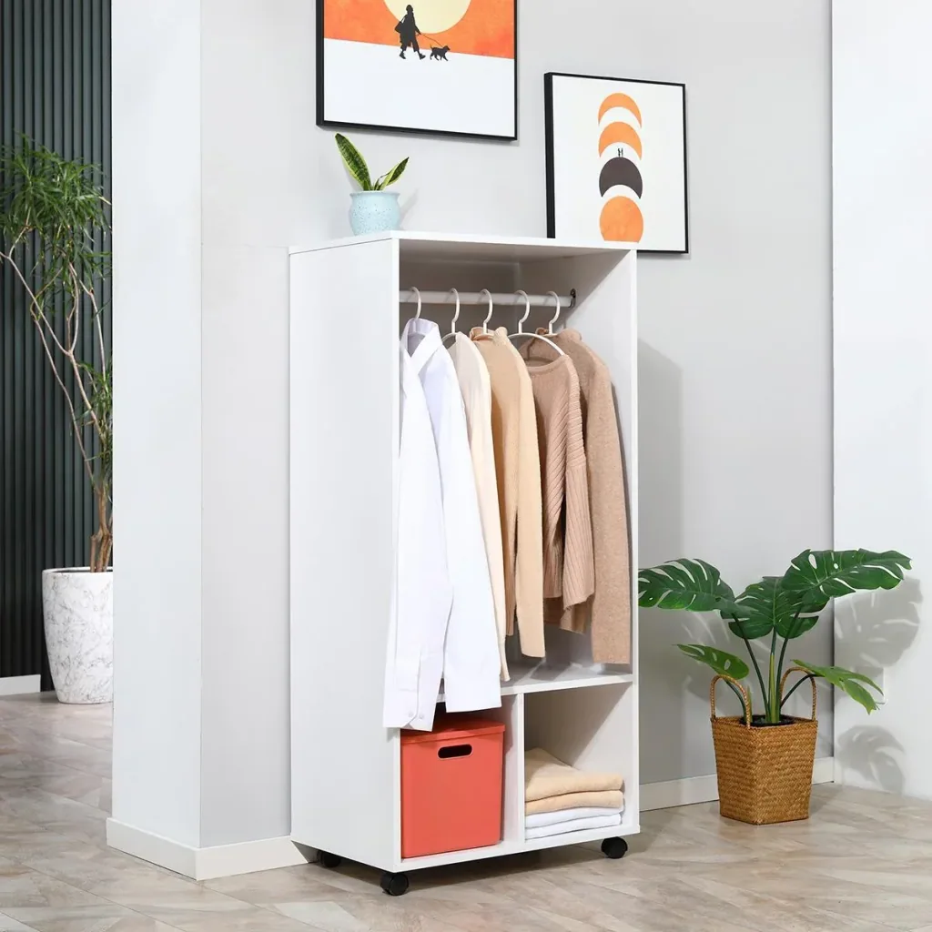 Mobiler Kleiderschrank Garderobe Schrank mit Regal 4 Schwenkräder für Wohnzimmer Schlafzimmer, Aluminiumlegierungen, 60