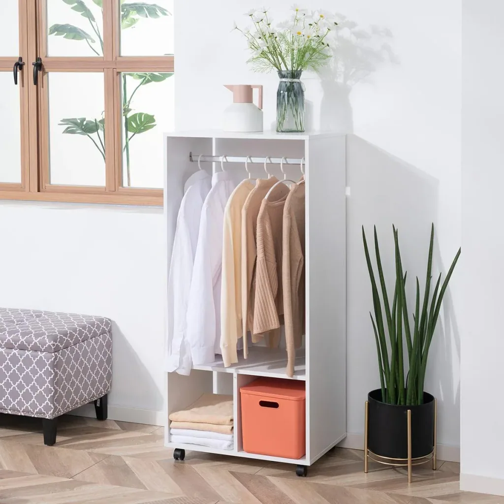 Mobiler Kleiderschrank Garderobe Schrank mit Regal 4 Schwenkräder für Wohnzimmer Schlafzimmer, Aluminiumlegierungen, 60