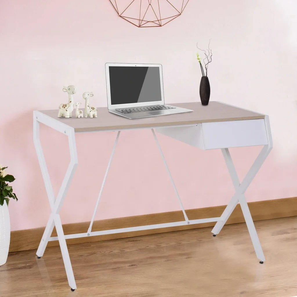 Schreibtisch Computertisch mit Schublade Spanplatte Metallrahmen 20 kg Belastbarkeit Weiß + Natur 105 x 56 x 75 cm