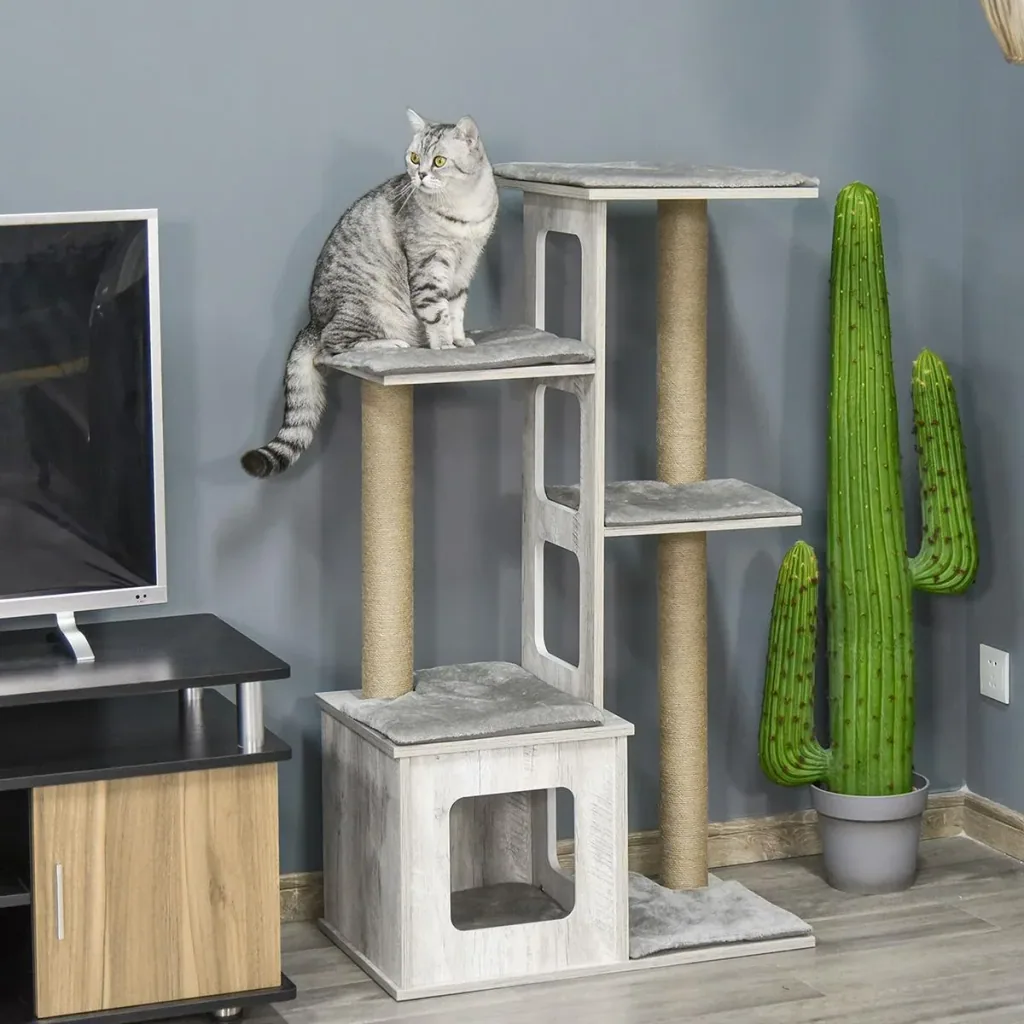Katzenbaum Kratzbaum Katzenmöbel mit Mehrstöckigem Katzen Aktivitätszentrum Jute Plüsch Grau 67 x 38,5 x 114 cm